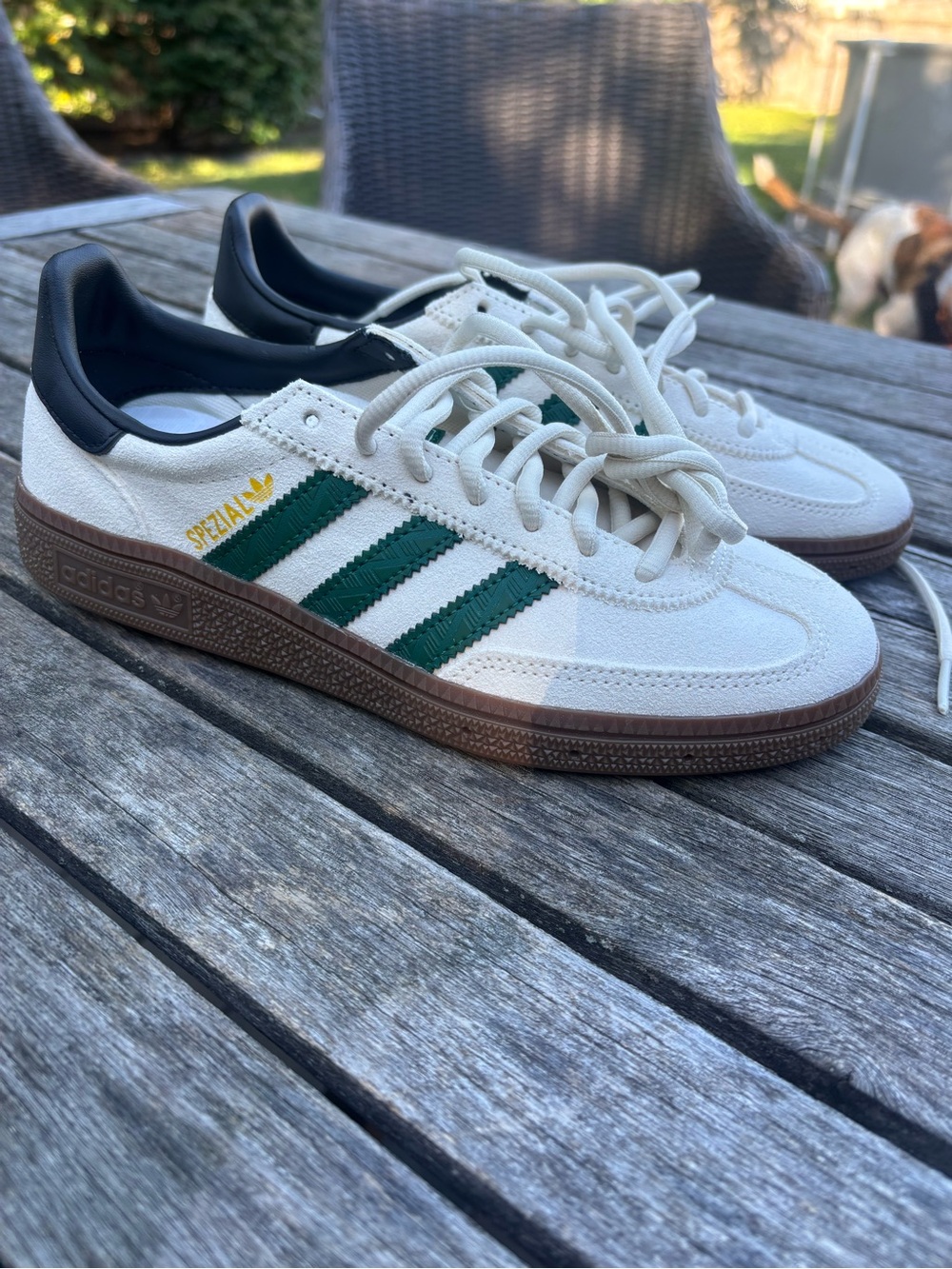adidas Spezial White Suede Sneakers with Green Stripes and Black Heel